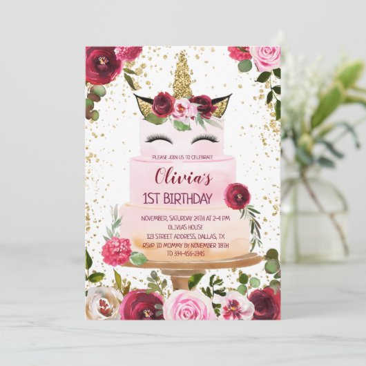 Floral Unicorn Cake Birthday Uitnodiging (Staand voorkant)