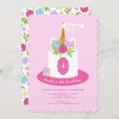 Floral Unicorn Cake Verjaardagsfeestje Uitnodiging (Voorkant / Achterkant)