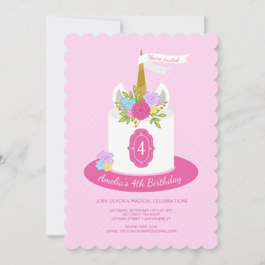 Floral Unicorn Cake Verjaardagsfeestje Uitnodiging (Voorkant)