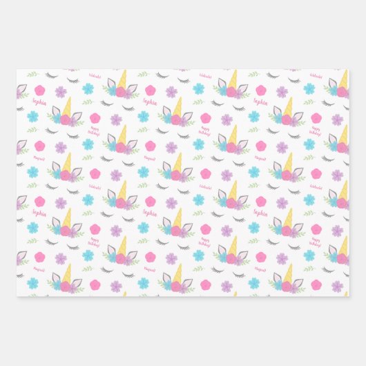 Floral Unicorn Face Birthday Specialized Inpakpapier Vel (Voorkant 2)