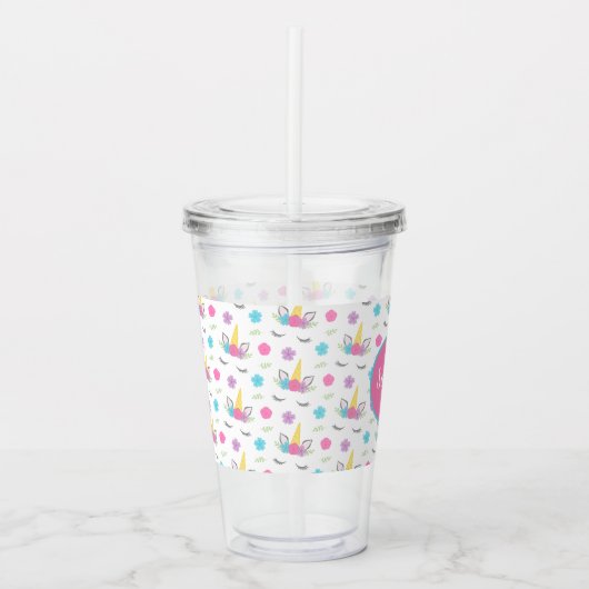 Floral Unicorn Face Gepersonaliseerd Monogram Acryl Drinkbeker (Voorkant)