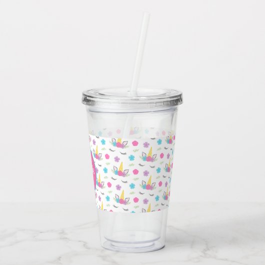 Floral Unicorn Face Gepersonaliseerd Monogram Acryl Drinkbeker (Achterkant)