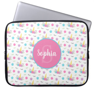 Floral Unicorn Face Gepersonaliseerd Monogram Laptop Sleeve