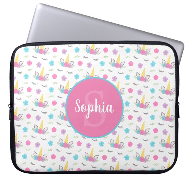 Floral Unicorn Face Gepersonaliseerd Monogram Laptop Sleeve (Voorkant)