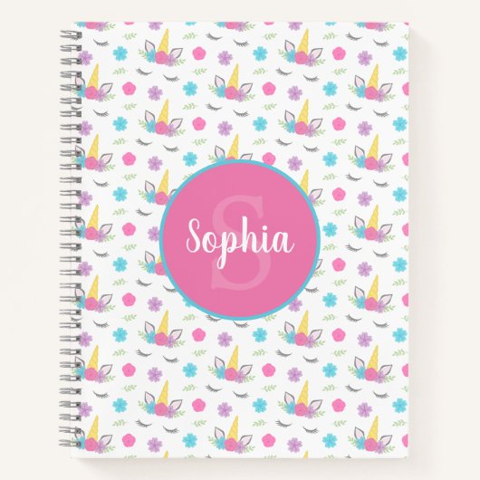 Floral Unicorn Face Gepersonaliseerd Monogram Notitieboek (Voorkant)