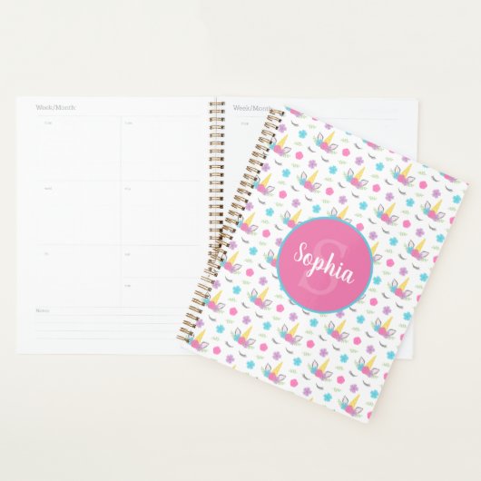 Floral Unicorn Face Gepersonaliseerd Monogram Planner (Display)