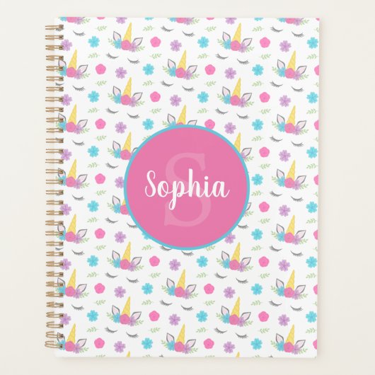 Floral Unicorn Face Gepersonaliseerd Monogram Planner (Voorkant)