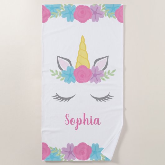 Floral Unicorn Face Gepersonaliseerde Kinderen Strandlaken (Voorkant)