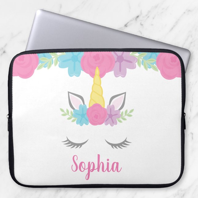 Floral Unicorn Face Persoonlijke laptop Sleeve (Creator heeft geüpload)