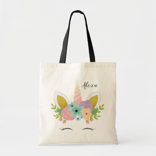 Floral Unicorn Faux Gold persoonlijke Canvas tas (Voorkant)
