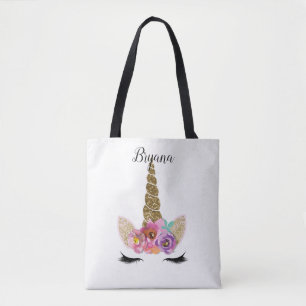 Floral Unicorn Gold Glitter Girls Sparkle Tote Bag