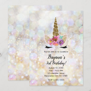 Floral Unicorn Horn Cosmic Glitter Birthday Party Kaart