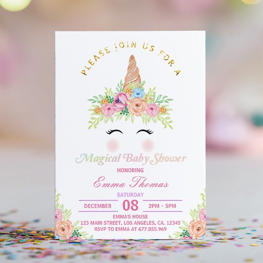 Floral Unicorn Magisch Baby shower Uitnodiging