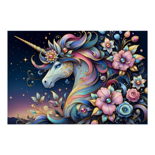 Floral Unicorn Night Fantasy Perfect Poster (Voorkant)