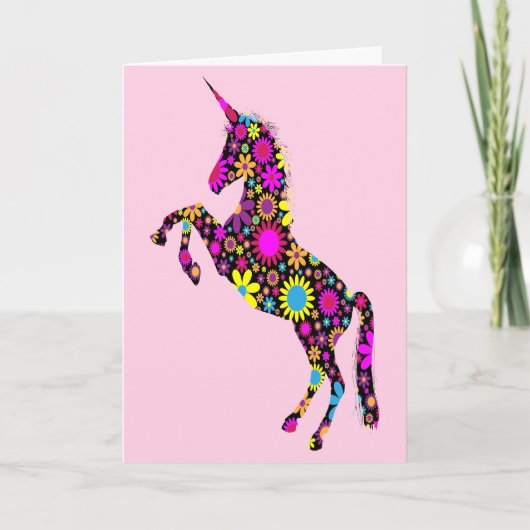 Floral Unicorn op Roze, Birthday Kaart (Voorkant)