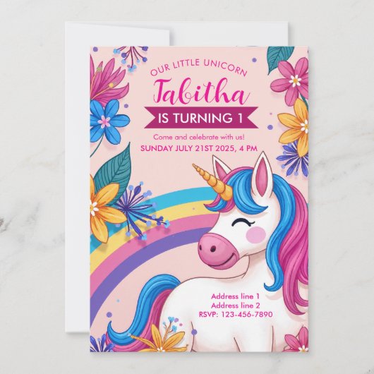 Floral Unicorn Party Invites - Bewerkbare regenboo Kaart (Voorkant)