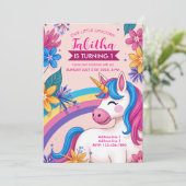 Floral Unicorn Party Invites - Bewerkbare regenboo Kaart (Staand voorkant)