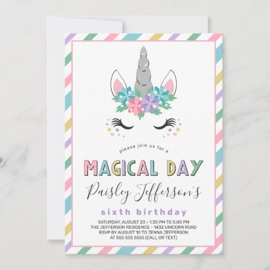 Floral Unicorn Pastel Birthday Party Kaart (Voorkant)