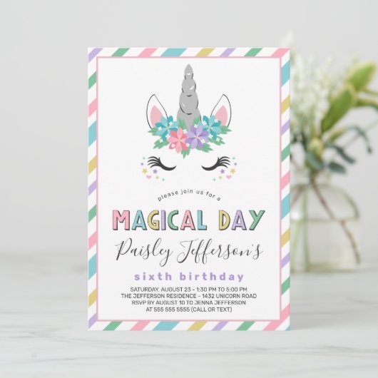 Floral Unicorn Pastel Birthday Party Kaart (Staand voorkant)