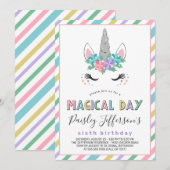 Floral Unicorn Pastel Birthday Party Kaart (Voorkant / Achterkant)