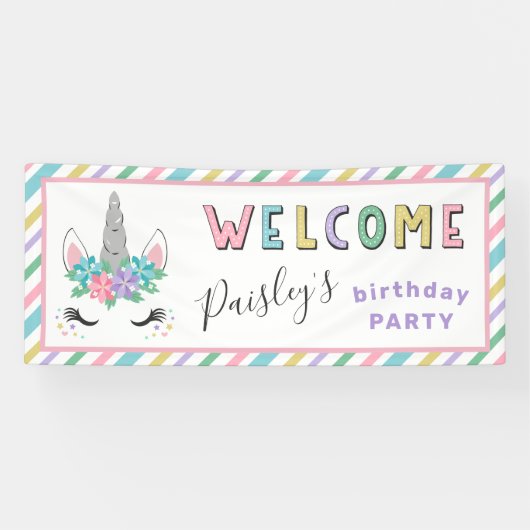 Floral Unicorn Pastel Birthday Welkom Spandoek (Horizontaal)