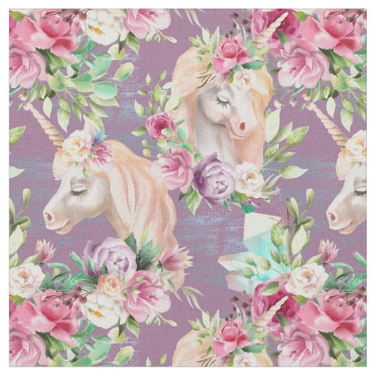 Floral Unicorn Pattern op Lavender Stof (Close Up)