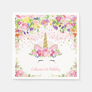 Floral Unicorn Pink Rainbow Birthday Paper Napkin Servet