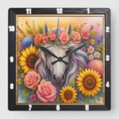 Floral Unicorn Regenboogbos Vierkante Klok (Voorkant)