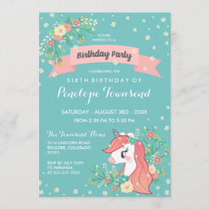 Floral Unicorn Turquoise Birthday Party Kaart
