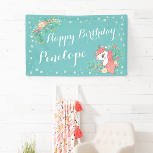 Floral Unicorn Turquoise Happy Birthday Custom Nam Spandoek (Insitu)