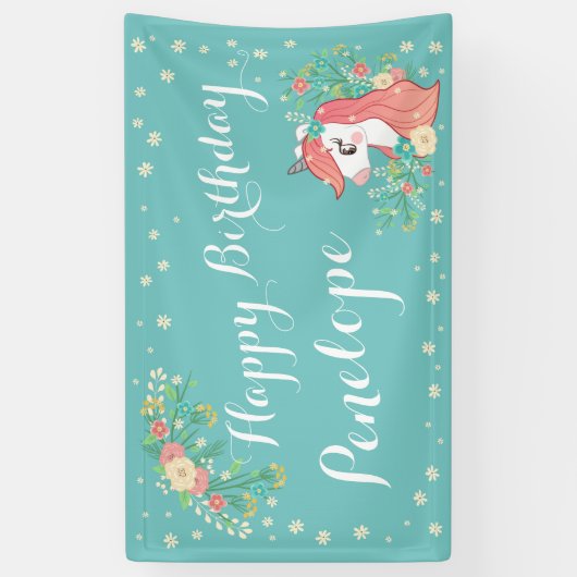 Floral Unicorn Turquoise Happy Birthday Custom Nam Spandoek (Verticaal)