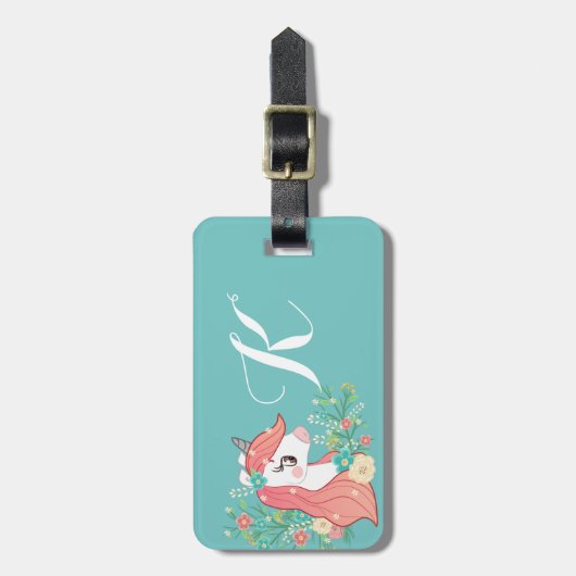 Floral Unicorn Turquoise Monogrammed Bagagelabel (Voorkant verticaal)