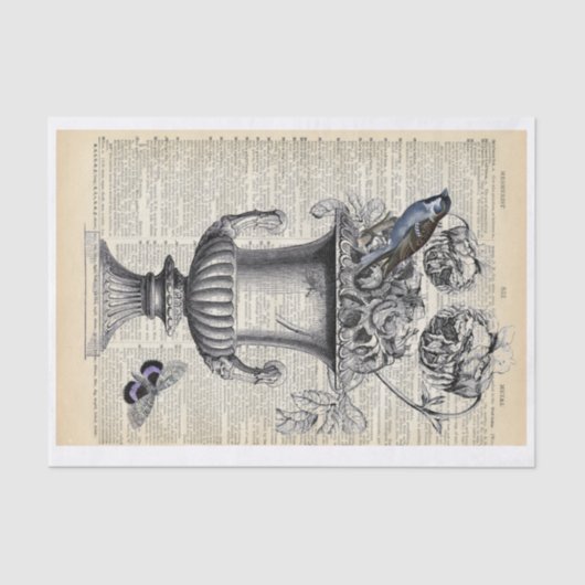 Floral Urn w/ Bird & Butterfly on Dictionary Page Tissuepapier (Voorkant)