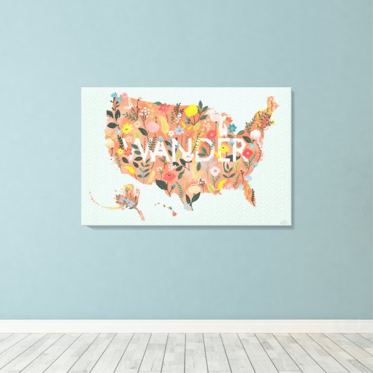 Floral USA Map - Wild Garden Canvas Afdruk (Insitu (Houten vloer))
