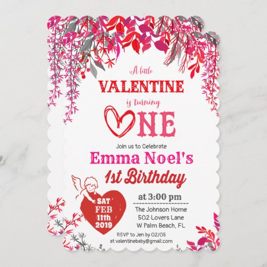 Floral Valentijnsdag 1e Verjaardagsuitnodiging Kaart (Voorkant / Achterkant)