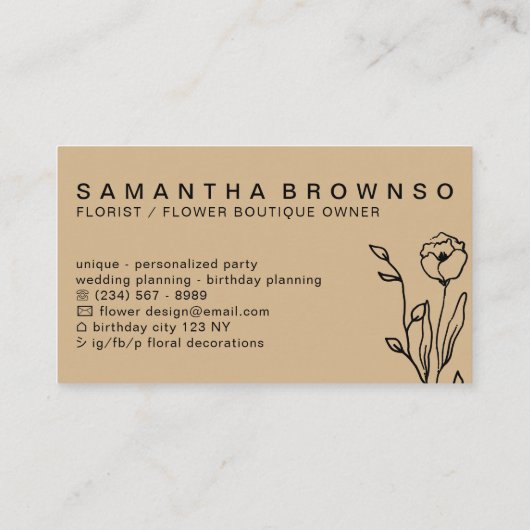 Floral van bruin-elastisch-elastisch-elastisch-ela visitekaartje (Achterkant)