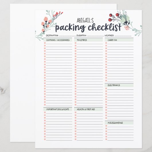 Floral van de lijst met reispakketten (Voorkant / Achterkant)