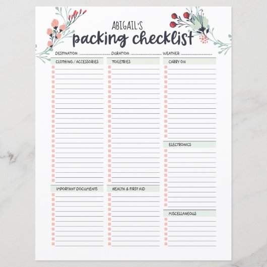 Floral van de lijst met reispakketten (Voorkant)