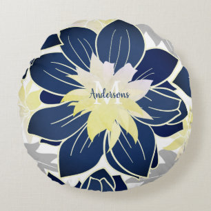Floral van Navy Blue Yellow Grey Waterverf Rond Kussen