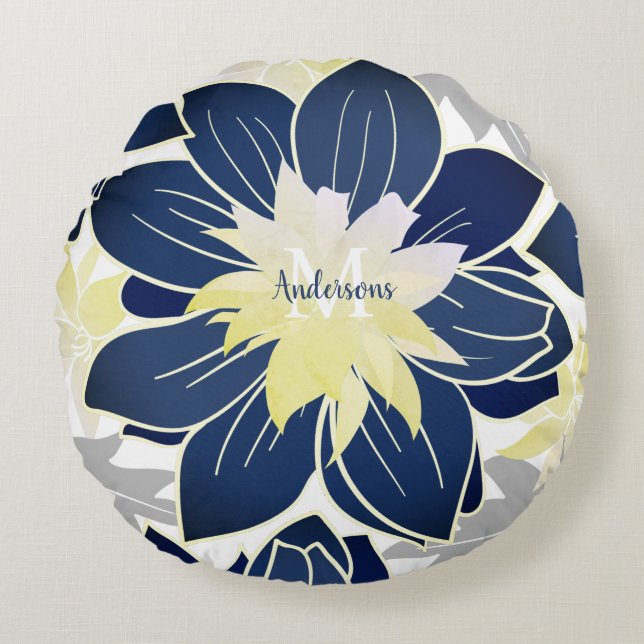 Floral van Navy Blue Yellow Grey Waterverf Rond Kussen (Voorkant)
