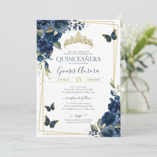 Floral van Quinceañera Butterfly Blue Waterverf Kaart (Staand voorkant)