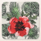 Floral van tropische rode en groene Waterverf Kartonnen Onderzetters (Voorkant)