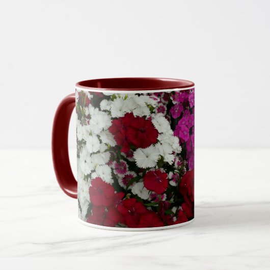 Floral van witte, roze en rode dianthus mok (Voorkant links)