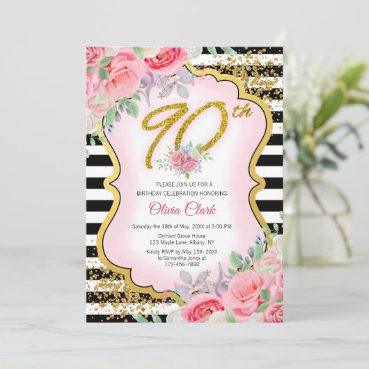 Floral van zwarte en witte goudConfetti 90e verjaa Kaart (Staand voorkant)