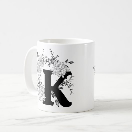 Floral van zwarte en witte monogram koffiemok (Voorkant links)