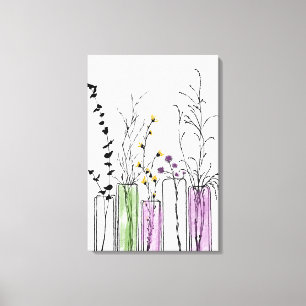 Floral Vases black white paars Canvas afdrukken