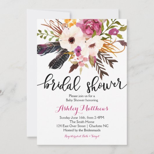 Floral veren Floral Bridal Shower Invitation Kaart (Voorkant)