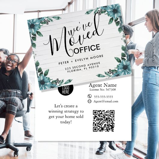 Floral verplaatste kantoor aankondiging briefkaart