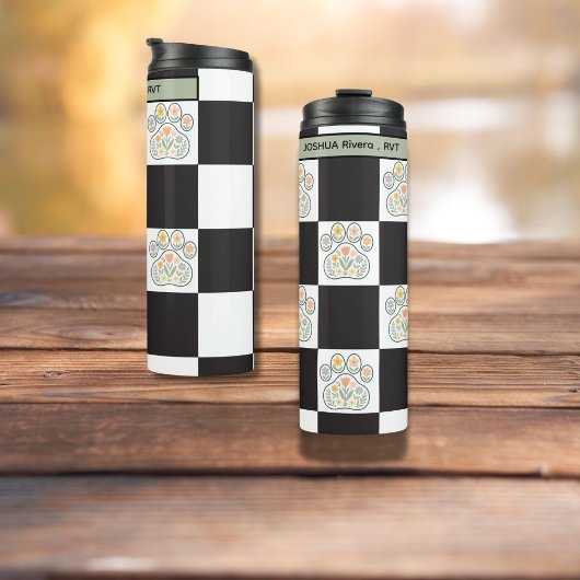 Floral Veterinary Pawprint dambord Naam Thermosbeker