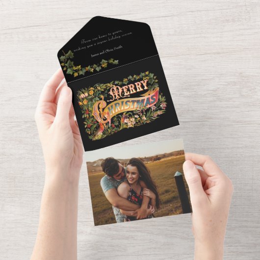 Floral Victoriaans kerstcadeaufoto All In One Uitnodiging (Afscheurbaar)